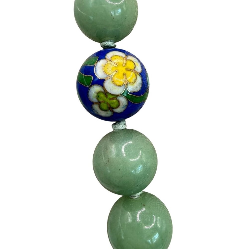 Vintage Chinese Jade & Cloisonné Bead Necklace 24" Nephrite Green Floral Accents - Picture 3 of 12